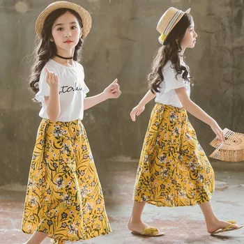 2019 Fete Îmbrăcăminte Set Toddler Fata de Vara Haine copii Copii de tip Boutique de Haine Tricou + Floral Pantaloni Largi la 2 la 13 Ani