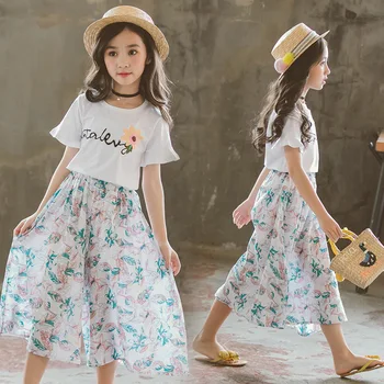 2019 Fete Îmbrăcăminte Set Toddler Fata de Vara Haine copii Copii de tip Boutique de Haine Tricou + Floral Pantaloni Largi la 2 la 13 Ani