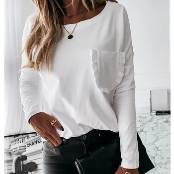 2020 Femei Toamna O-Gât Casual T-Shirt Solid Bottom Maneca Lunga De Bază Negru Topuri Femei Din Bumbac Moale Pocket T Shirt Tees