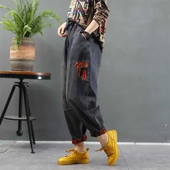Noua Toamna Stil De Arte Femei Talie Elastic Mozaic De Epocă Blugi Largi Din Bumbac Denim Pantaloni Harem Femme Blugi Pantaloni M329