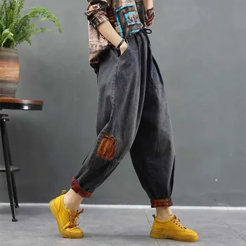 Noua Toamna Stil De Arte Femei Talie Elastic Mozaic De Epocă Blugi Largi Din Bumbac Denim Pantaloni Harem Femme Blugi Pantaloni M329