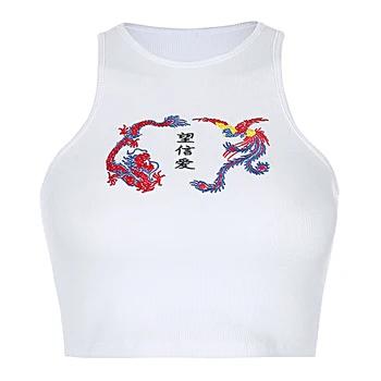 Weekeep Stil Chinezesc Broderie Dragon Tank Top Femei De Pe Umăr Casual Bodycon Culturilor Topuri De Moda Streetwear Vesta De Vară Topuri