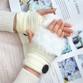 Tricotate cald butonul jumătate-deget mănuși de iarnă, ciclism imitație de blană de iepure cald degete mănuși tricotate femei