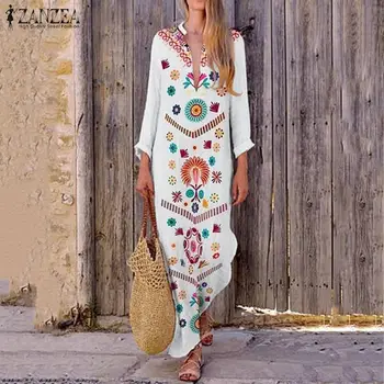 2021 ZANZEA Boem Print Maxi Rochie de Vara pentru Femei V-Gât Sundress Split Mult Vestidos de sex Feminin Floral Vintage DressPlus Dimensiune