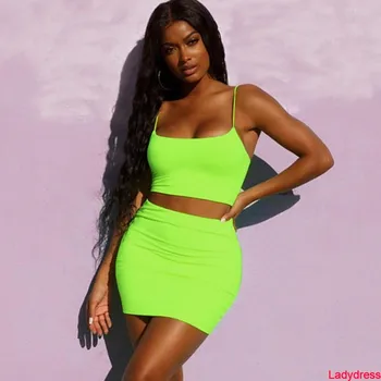 2020 nou Sexy Femei din Două Piese Seturi de Vara Spaghete Curea Camis Crop Top Higt Talie Fusta Mini Moda Verde Neon Portocaliu Solid P