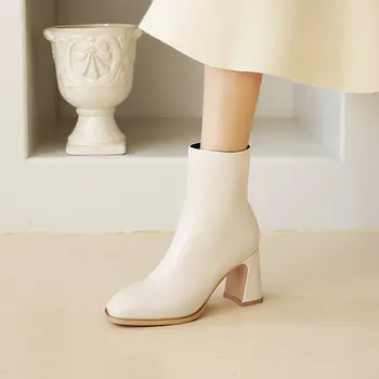 QUTAA 2021 Pătrat Mare Moda Toc Glezna Cizme PU Brevet Piele Femei Pantofi Deget de la picior Pătrat cu Fermoar Cizme Scurte de Dimensiuni Mari 34-43