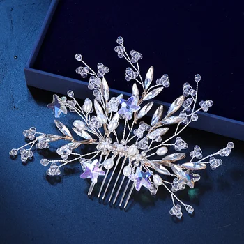 De Moda De Argint Culoare Frumoasa Tiara De Păr Bijuterii Perle De Cristal Stele Piepteni Ace Lucrate Manual Pentru Femei Păr De Nunta Dotari