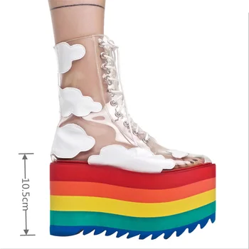 MStacchi Curcubeu Pantofi Platforma Femeie din PVC Transparent din Dantela-Up Gros Tocuri inalte Cizme Glezna Doamnelor Înălțime Creșterea Pantofi de Partid