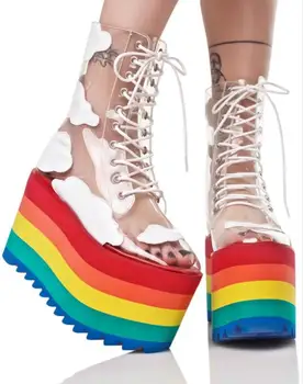 MStacchi Curcubeu Pantofi Platforma Femeie din PVC Transparent din Dantela-Up Gros Tocuri inalte Cizme Glezna Doamnelor Înălțime Creșterea Pantofi de Partid