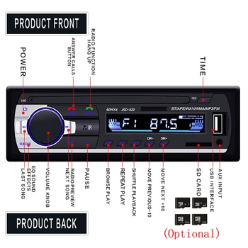 Podofo Autoradio JSD-520 12V In-dash 1 Din Auto Bluetooth Radio SD MP3 Player Auto Audio Stereo FM Receptor Aux