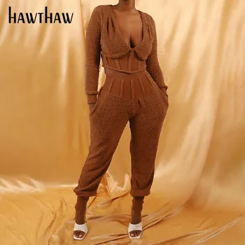 Hawthaw Femei Toamna Iarna Cu Maneca Lunga Topuri De Cultură Pantaloni Lungi Acasă Uza Streetwear Set De Doua Bucati 2021 Haine De Sex Feminin