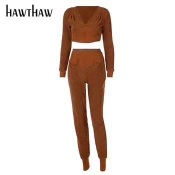 Hawthaw Femei Toamna Iarna Cu Maneca Lunga Topuri De Cultură Pantaloni Lungi Acasă Uza Streetwear Set De Doua Bucati 2021 Haine De Sex Feminin