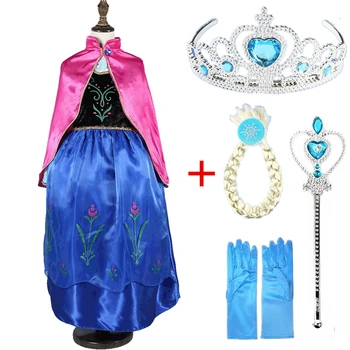 Disney Frozen rochii de Fată Elsa Anna Costum cu Accesoriu de Par Set Albastru Dantelă Mâneci Lungi Copil cu ștrasuri Copii Cosplay dress