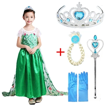 Disney Frozen rochii de Fată Elsa Anna Costum cu Accesoriu de Par Set Albastru Dantelă Mâneci Lungi Copil cu ștrasuri Copii Cosplay dress