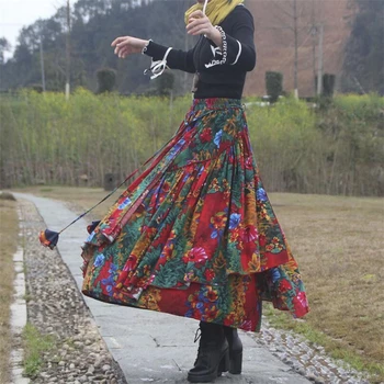 Boemia stil etnic de Imprimare de moda Fusta Lunga Femei Super stretch talie Doamnelor Talie Mare Îmbinare lenjerie de pat din Bumbac Fusta a-line