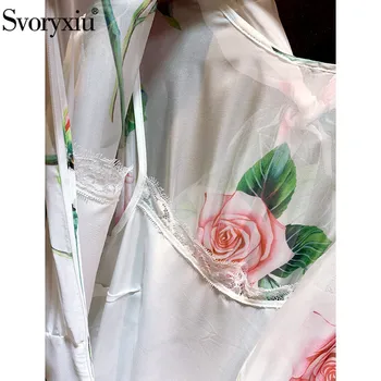 Svoryxiu Primavara-Vara Pista Vintage Rose Floare Partid Imprimare Alb Rochii Femei Elegante Arc Guler de Dantelă Căptușită Rochie Midi