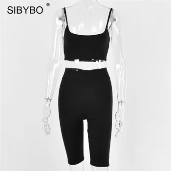 Sibybo 2 Bucata Set Top Fără Mâneci Și Pantalonii Scurți De Motociclist Seturi De Femei Treninguri De Vară Casual, Negre Sportiv Antrenament De Fitness Tinutele 2020