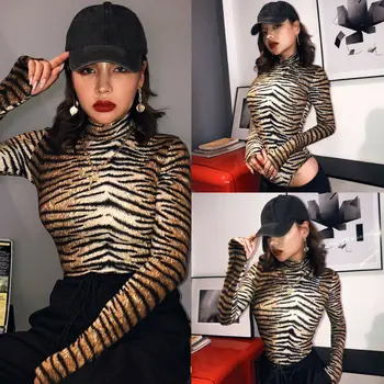 Femeile tigru de Imprimare Body Stretch Tricou Maneca Lunga Corpul Mujer Topuri Turtle Neck Romper Vetement sexy Leopard costume 2020