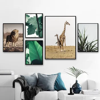 Leu, Girafa Frunze De Plante Peisaj Natural Arta De Perete Panza Pictura Nordică Postere Si Printuri Poze De Perete Pentru Living Decorul Camerei