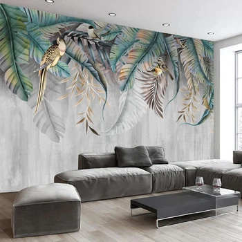 Foto personalizat Murală Pastorală Mână Pictat Frunzele Plantelor cu Flori Bird Camera de zi Dormitor Pictura pe Perete Non-țesute Monitorului Relief