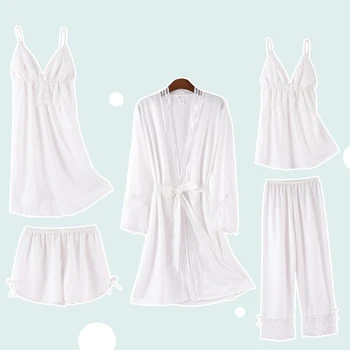 Femei Set Halat Satin Matasos 5PCS Sleepwear Primavara Toamna anului Nou, Halat de baie Dantela Patchwork Rochie Kimono Pijamale Lenjerie Intima
