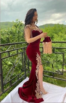 2021 платье Maroc Caftan Rochie de Seara cu Fusta Detasabila Două Bucăți Sirena Rosie Gât Înalt de Catifea Rochie de Bal arabă Petrecere