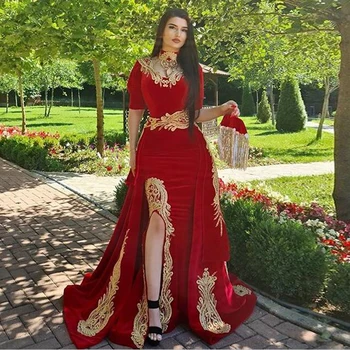 2021 платье Maroc Caftan Rochie de Seara cu Fusta Detasabila Două Bucăți Sirena Rosie Gât Înalt de Catifea Rochie de Bal arabă Petrecere