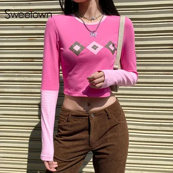 Sweetown Roz Y2K Tricouri Femei Argyle Imprimare Drăguț Kawaii Estetice Haine Mozaic de Culori cu Contrast Maneca Lunga de Toamna Topuri 90