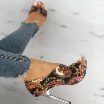 Femei Tocuri inalte Pompe Sandale femei de Moda de Vară Sexy femei Peep Toe cu toc Înalt Pantofi Deget de la picior Deschis Print etno Petrecere Sandale