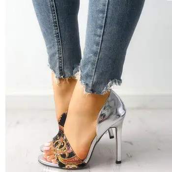 Femei Tocuri inalte Pompe Sandale femei de Moda de Vară Sexy femei Peep Toe cu toc Înalt Pantofi Deget de la picior Deschis Print etno Petrecere Sandale