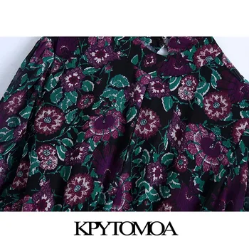 KPYTOMOA Femei 2020 Moda Print Floral Ciufulit Rochie Mini Vintage Guler Înalt Talie Elastic Cu Captuseala de sex Feminin Rochii de Mujer