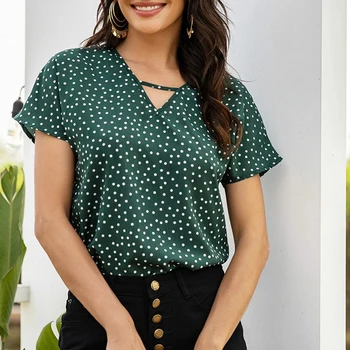 Femei Bluza Tricouri V-Gât Cu Buline Verde Bluza De Vara Pentru Femei Îmbrăcăminte Cu Mâneci Scurte Vintage Vrac Top Casual Blousa Femei