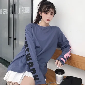 Femei de moda de bumbac scrisoare de imprimare Supradimensionate T-shirt de toamna cu Maneci lungi Pierde T-shirt, Bluze Casual coreean Haine femei T shirt