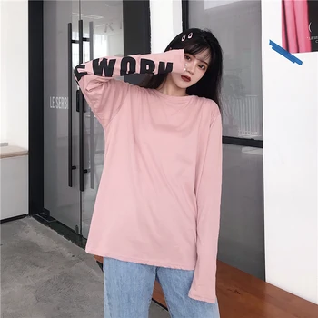 Femei de moda de bumbac scrisoare de imprimare Supradimensionate T-shirt de toamna cu Maneci lungi Pierde T-shirt, Bluze Casual coreean Haine femei T shirt