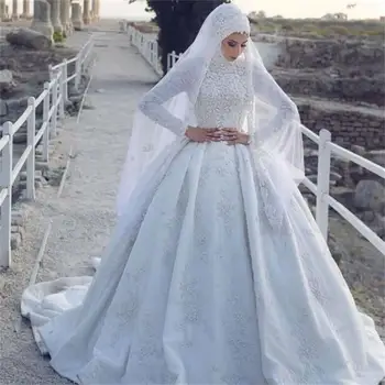 2021 Musulman Rochie de Mireasa cu Hijab Mâneci Lungi Dantelă Appliqued Matura-Tren Rochii de Mireasa Vestido De Novia