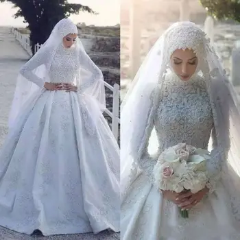 2021 Musulman Rochie de Mireasa cu Hijab Mâneci Lungi Dantelă Appliqued Matura-Tren Rochii de Mireasa Vestido De Novia