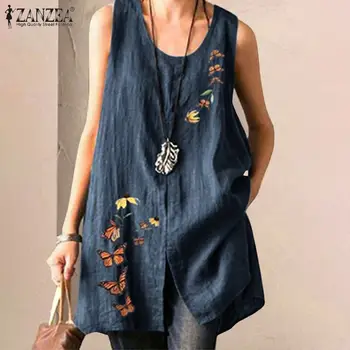 Femei Imprimate Bluza 2021 ZANZEA Epocă de Vară Rezervor de Top Casual Împărțită Asimetric Tricouri Femei O de Gât Blusas Supradimensionate Tunica