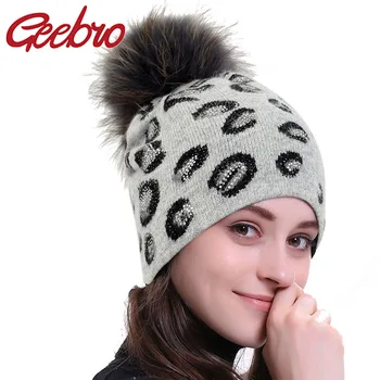 Geebro Iarna Leopard Pălării pentru Femei Tricotate Croșetat ține de Cald Pălărie de sex Feminin Beanie Ladies Casual Capac Cu Real Blană de Raton Mingea