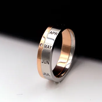Calitate De Top Jumătate Poate Roti 12 Luni Litere Zircon Ring Oțel Titan Aur A Crescut Și Argint Culoare Inel Femei Bijuterii Cadou