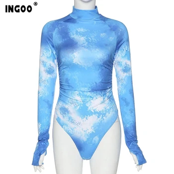 INGOO Toamna cu Maneci Lungi Femei Body Tie Dye Print Guler Albastru Rosu Strada în partea de Sus a Corpului de Moda Doamnelor de Imprimare Slab Bodysuits