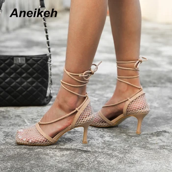 Aneikeh Moda Pompe de Femei 2021 NOUĂ Primăvară Subțire Sexy Tocuri Deget de la picior Pătrat Bandă Îngustă Plasă Retro Doamnelor Pantofi de Zapatos De Mujer 42