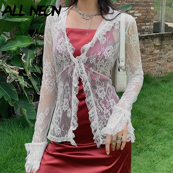 ALLNeon E-fată Dulce Transparents Volane Plasă de Topuri Y2K Moda V-neck Flare Sleeve Bandaj Alb T-shirt Toamna Femei Top