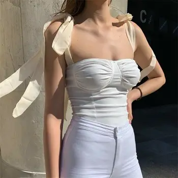 Noua Moda Sexy Femei Fără Mâneci Topuri Rezervor Panglici Bustiera Camis Solid Teuri Vesta De Vară Crop Top Strappy Vesta Crop Top Clubwear