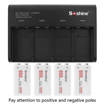 Soshine Negru 4 Sloturi Inteligent Încărcător de Baterie cu Indicator LED pentru 9V baterie Li-ion/Ni-MH/Acumulatori LiFePO4
