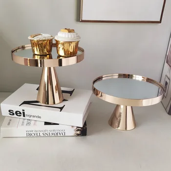 Aur Tort Suport oglinda de Sus Rotund Ornat Metal Platou Coloană Cupcake Display Farfurii Desert pentru Eveniment Nunta