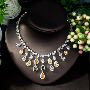 HIBRIDE Nou design de lux AAA Zircon Picătură de Apă Forma Set de Bijuterii pentru Femei Multicolor de Înaltă Calitate de Partid de bijuterii de Nunta N-369