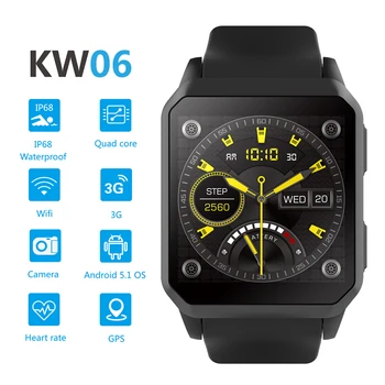 Nou Stil KW06 Ceas 1.54 Inch MTK6580 Quad Core 1.3 GHZ Android 5.1 3G Ceas Inteligent 460mAh 0.3 Mega Pixeli Monitor de Ritm Cardiac