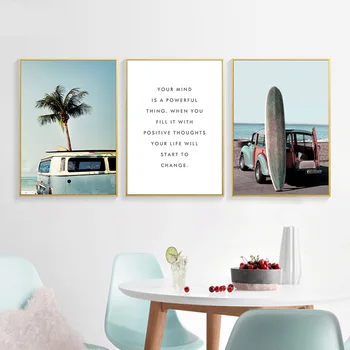 Placa De Surf, Palmier, Peisaj Autobuz Poster Ocean Tropical Decor De Imprimare Arta De Perete Panza Pictura Nordică Imagine Decor Acasă