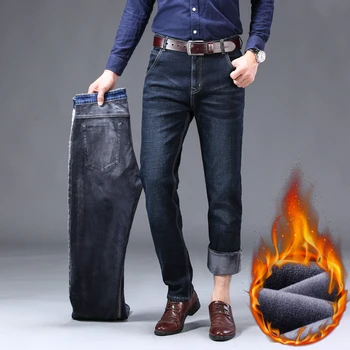 2020 Noi de Iarna pentru Bărbați Cald Blugi Drepte de Afaceri Clasic Casual Plus Catifea Pantaloni din Denim Gros de sex Masculin Brand Pantaloni Albastru Negru