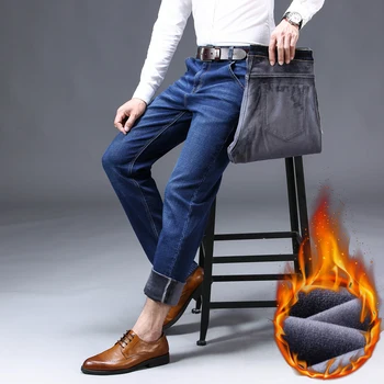 2020 Noi de Iarna pentru Bărbați Cald Blugi Drepte de Afaceri Clasic Casual Plus Catifea Pantaloni din Denim Gros de sex Masculin Brand Pantaloni Albastru Negru